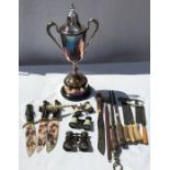 Bradford Exchange wall mounted ornamental knives, John Wayne, 1 large plated trophy 47cms h, carving