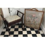 Walnut framed firescreen with needlework floral panel and an Edwardian mahogany inlaid piano