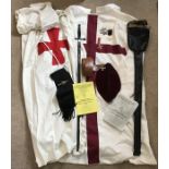 Masonic Knights Templar uniform, dress, hooded cape, ceremonial sword by Toye and Sons, cap with