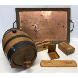 Small oak metal bound barrel, 34cms l, 24cms h, oak framed copper tray, money box, Old Holborn