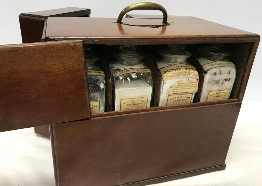 A fine quality mahogany travelling/campaign apothecary chest. Circa 1800 with bottles, pestle and - Image 5 of 9