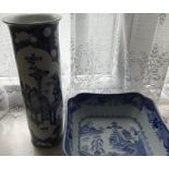 A Chinese sleeve vase with hairline crack and restoration, 31cms h with an ironstone bowl in