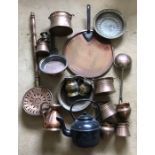 Selection of copper wear, Victorian skillet pan, 38cms w, chestnut roaster, small buckets, black