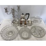 Silver plate and glassware, 3 piece tea set, candelabra, small bottle coolers, glass bowls, cake