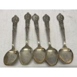 Set of 5 spoons stamped sterling, decorated design 'California' Initial engraved to bowls. 67.7gms.