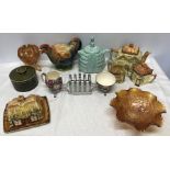 A mixed lot to include Rooster and crinoline lady teapots, Cottageware teaset and butterdish,