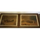 Two 19thC oak framed prints, men and horses. 38 x 51cms.