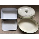 Green and cream enamel lidded casserole dish and a white enamel lidded surgical dish. Condition