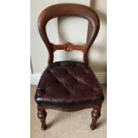 Victorian mahogany balloon back dining chair, oxblood buttoned leather seat. 90cms h, 45cms h to