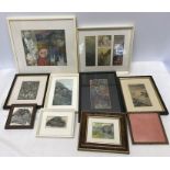 Selection of small framed prints, 1 Japanese woodcut, 1 Indian, assorted fantasy prints,