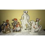 Four various 19thC Staffordshire figures, 2 with chips. Largest 37cms h.