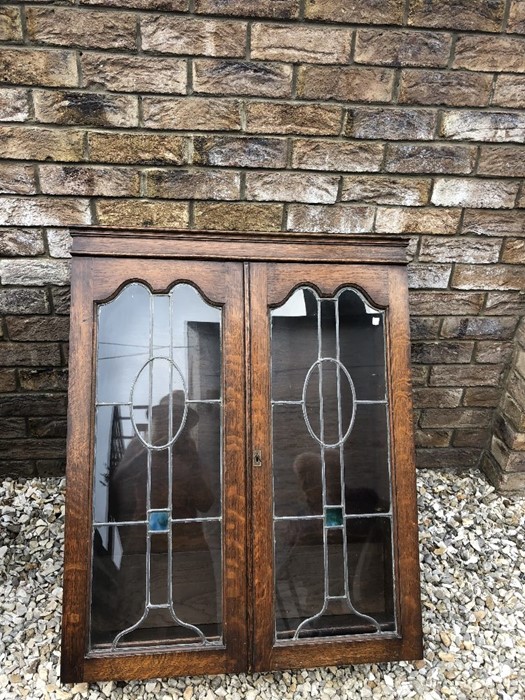 An oak bureau bookcase with glazed leaded top, base with 2 drawers and barley twist legs. 182 h x 72 - Image 3 of 3