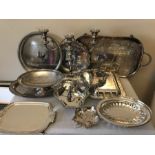 A quantity of good quality silver plate to include trays, candleabra, serving dishes etc.