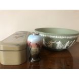 A lacquer glove box. A Wedgwood green jasperware bowl, 25.5cms d with a 19thC silver topped vase. (