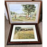 Two framed coloured prints. Sunday Cricket by Douglas. E. West 40 h x 57cms w and Gundog hunting