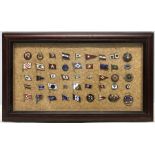 Framed and mounted enamel pin badge collection, shipping and cruiseliner companies, 45 badges