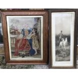 Victorian oak framed woolwork picture. 60 h x 46cms w and a framed Victorian print, Huntsman and
