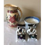 A 19thC blue and white bowl, Crown Ducal jug and 2 19thC fairings.