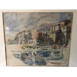 Watercolour village scene with boats in the foreground. Adrian Paul Allinson. (1890-1959) 24 x 29cms