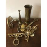 Brass items to include shell case, trivet with owl, bell pull mounts, cased scissors etc, Miller