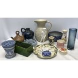 Mixed pottery selection, Royal Doulton Male Graduate figure, Blue glass vase 20cms h, large