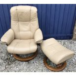 Stressless cream leather reclining/rotating armchair with footstool.Condition ReportScuff to chair