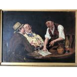 Gilt framed oil painting on canvass unsigned, Gentlemen discussing The Times. 36 h x 51cms w.