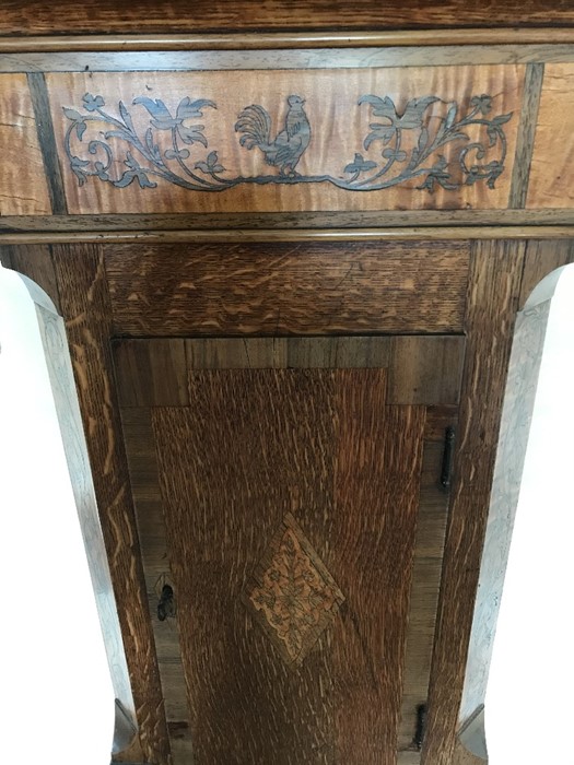 An oak and mahogany cross banded longcase clock, painted face depicting Raby Castle, Durham. - Image 6 of 7