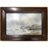 Oak framed watercolour painting, G B Hall coastal scene. Man walking the beach and sailboats