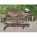 Selection of Victorian and early 20thC sports equipment. Polo sticks, hockey sticks, tennis rackets,