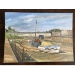 Small oil on board, signed B. Mays, boats in harbour. 25 h x 36cms w.
