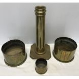 WW I brass bombshell cases. 2 x 16mm w (planters) 1 x8mm and a tall brass trench art poker stand.