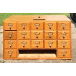 Oak set of index drawers, 17 drawers, missing 3. 82 w x 47 d x 46cms h.Condition ReportChip to top