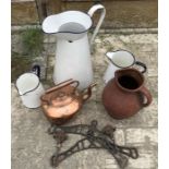 Tall white enamel jug, 40cms h and 2 small jugs, copper kettle, brown pot jug and rise and fall