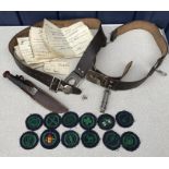 Boy Scout and Girl Guide belts, Girl Guide whistle with a small knife in leather case/proficiency