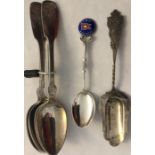 Five German silver spoons marked .800 FRICKE together with an unmarked spoon and a silver and enamel