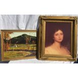 Oil painting on board country scene, P.Dev 64 and a gilt framed print portrait of a young lady,