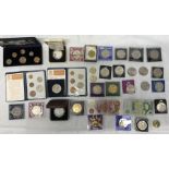 Collection of commemorative coins including Falkland island silver coin, Churchill crown, 1977