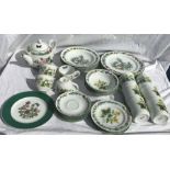 Royal Worcester Herbs pattern tea and dinnerware. Teapot, 4 cups, 5 saucers, 4 side plates, 4 soup