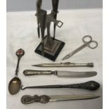 Art Deco silver manicure set on stand, missing scissors, silver RNLI spoon, silver propelling