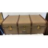 Large metal bound travel trunk, maker Norton, initialled to front MGC fitted with inner tray.