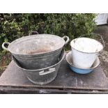 Two galvanised washtubs, enamel bucket and bowl. 74cms largest, hole to one.