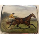 A silver and enamel cigarette case depicting trotting horse to front, John Millward Banks,