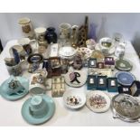 A large selection of pottery and glassware inc commemorative ware, thimbles, vases, small ornaments,