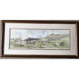 Framed watercolour painting signed Tony Haigh country scene. Stoodley Pike. 18 h x 55cms w.