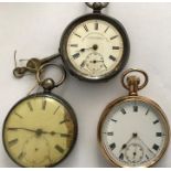 Three pocket watched to include 2 silver cased T. Fattorini without glass, gold plated A.W.C co case
