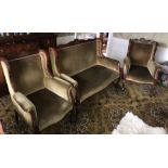 Edwardian inlaid 7 piece drawing room suite. 4 shield backed dining chairs with cabriole legs,