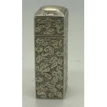 Silver scent bottle London 1895 with foliate scroll engraving, hinged lid and glass stopper. 5.