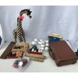 Children's toys, Victorian dolls part tea set and rolling pin, mid century straw filled giraffe,