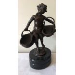 A bronze figure, 28cms h, a child with baskets signed S. Bizard.